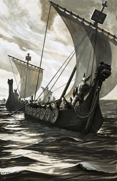 Viking Longboats by English School